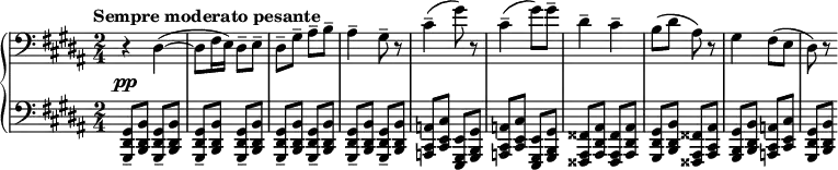 {\new PianoStaff <<
\new Staff \relative c'
{\clef bass \key gis\minor \set Score.tempoHideNote=##t \time 2/4 \tempo "Sempre moderato pesante"4=46 \override DynamicLineSpanner.staff-padding = #2.5 r4_\pp dis,4 ~(dis8 fis16 e16) dis8-- e8-- dis8-- gis8-- ais8-- b8-- ais4-- gis8-- r8 cis4-- (gis'8) r8 cis,4-- (gis'8) gis8-- dis4-- cis4-- b8 (dis8 ais8) r8 gis4 fis8 (e8 dis8) r8}
\new Staff \relative c{\clef bass \time 2/4 \key gis\minor
\repeat unfold 8{<gis, dis' gis>8-- <b dis b'>8}
\repeat unfold 2 {<a cis a'>8 <cis e cis'>8 <e, gis e'>8 <gis b gis'>8} <fisis ais fisis'>8 <ais dis ais'>8 <fisis ais fisis'>8 <ais dis ais'>8 <gis dis' gis>8 <b dis b'>8 <fisis ais fisis'>8 <ais cis ais'>8
<gis b gis'>8 <b dis b'>8 <a cis a'>8 <cis e cis'>8 <gis dis' gis>8 <b dis b'>8}
>>}