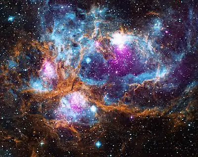 Image 4NGC 6357Photograph credit: NASANGC 6357 is a diffuse nebula in the constellation Scorpius. This composite image of the nebula contains X-ray data from the Chandra X-ray Observatory and the ROSAT telescope (purple), infrared data from the Spitzer Space Telescope (orange), and optical data from the SuperCosmos Sky Survey (blue). Radiation from hot, young stars is energizing the cooler gas in the clouds that surround them. Often known as the Lobster Nebula, the astronomical object has also been termed the Madokami Nebula by fans of the anime Madoka Magica due to its supposed resemblance to the main character. Scientists at the Midcourse Space Experiment prefer the name War and Peace Nebula, because the bright, western part resembles a dove, while the eastern part looks like a skull in infrared images.More selected pictures