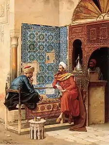 Chess game between Tha'ālibī and Bakhazari, 1896 painting by Ludwig Deutsch