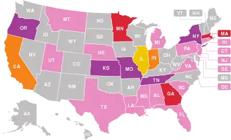 A total of 60 deaths linked to vaping products have been confirmed among 27 states and the District of Columbia: Alabama, California (4), Connecticut, Delaware, District of Columbia, Florida, Georgia (3), Illinois (5), Indiana (4), Kansas (2), Louisiana, Massachusetts (3), Michigan, Minnesota (3), Mississippi, Missouri (2), Montana, Nebraska, New Jersey, New York (2), Oregon (2), Pennsylvania, Rhode Island, South Carolina, Tennessee (2), Texas, Utah, and Virginia.