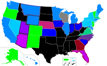A state map of the United States color-coded for abortion access. A number of U.S. states in the center and especially south of the country have banned abortion apart from certain medical exceptions. In contrast, abortion is available on demand without a mandated time limit in Alaska, Colorado, Minnesota, New Jersey, New Mexico, Oregon, Vermont, and Washington D.C. Because the situation is changing rapidly, please see the article text for details.