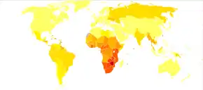 A map of the world where much of it is colored yellow or orange except for sub Saharan Africa which is colored red or dark red