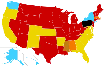 On request: AK, HI, NY, WA; danger to woman's health, rape or incest, or likely damaged fetus: AR, CA, CO, DE, FL, GA, KS, MD, NC, NM, OR, SC, VA; danger to woman's health: AL, MA; rape: MS; illegal: AZ, CT, IA, ID, IL, IN, KY, LA, ME, MI, MN, MO, MT, ND, NE, NH, NJ, NV, OH, OK, PA, RI, SD, TN, TX, UT, VT, WI, WV, WY