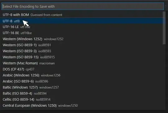 Command palette showing list of file encodings such as UTF-8, UTF-16 LE, UTF-16 BE