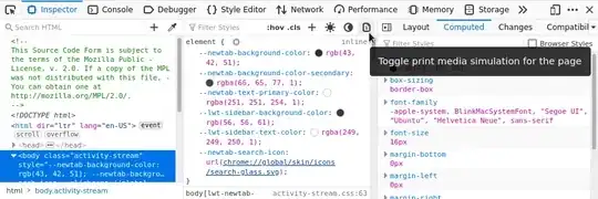 Screenshot of Firefox Page Inspector with "toggle print media" button hovered
