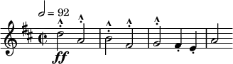 \relative c'' { \clef treble \time 2/2 \key d \major \tempo 2 = 92 d2^.^^\ff a^.^^ | b^.^^ fis^.^^ | g^.^^ fis4-. e-. | a2 }