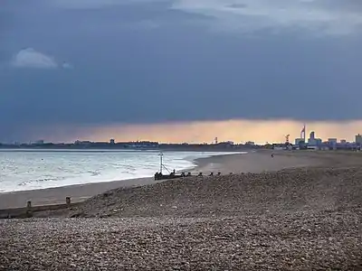 Image 3Hayling Island's mainly shingle beach with Portsmouth's Spinnaker Tower beyond (from Portal:Hampshire/Selected pictures)