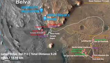 Ingenuity helicopter flight path and Perseverance Traverse Path showing their current locations. Live link