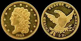 Image 4Half eagleNational Numismatic Collection, National Museum of American History; photographed by Andrew ShivaThe half eagle is a United States coin that was produced for circulation from 1795 to 1929 and in commemorative and bullion coins since the 1980s. Composed almost entirely of gold, it has a face value of five dollars. It was the first gold coin to be minted by the United States, its production being authorized by the Coinage Act of 1792. The design and composition of the half eagle changed many times over the years, but this version was designed by John Reich and produced from 1813 to 1834. The obverse design depicts a round-capped portrait of Liberty facing to the left, and the reverse depicts a modified eagle. This 1822 coin is one of only three known for the year.More selected pictures