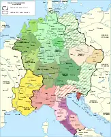 The Holy Roman Empire c. 1000, with the duchies comprising the notional 'Kingdom of the Germans' in green