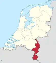 A map of Dutch provinces with Limburg at the southeast